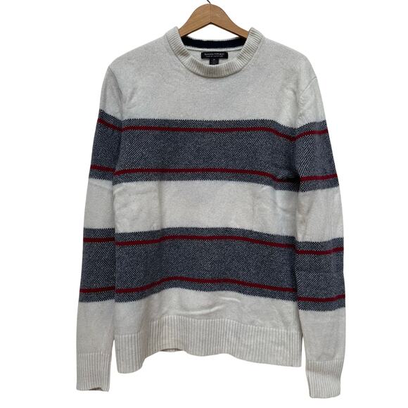 Banana Republic Wool Blend Crewneck Sweater M Gray Red Stripe Italian Yarn - Picture 1 of 5